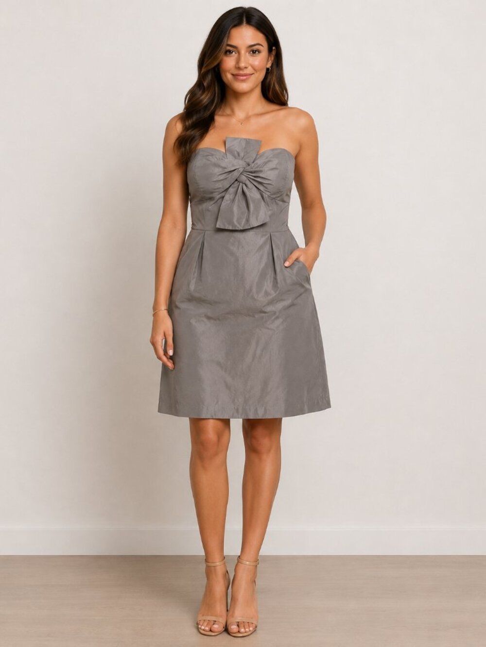 J.Crew Size 6 100% Silk Gray Strapless Bow Cocktail Dress Formal Y2K